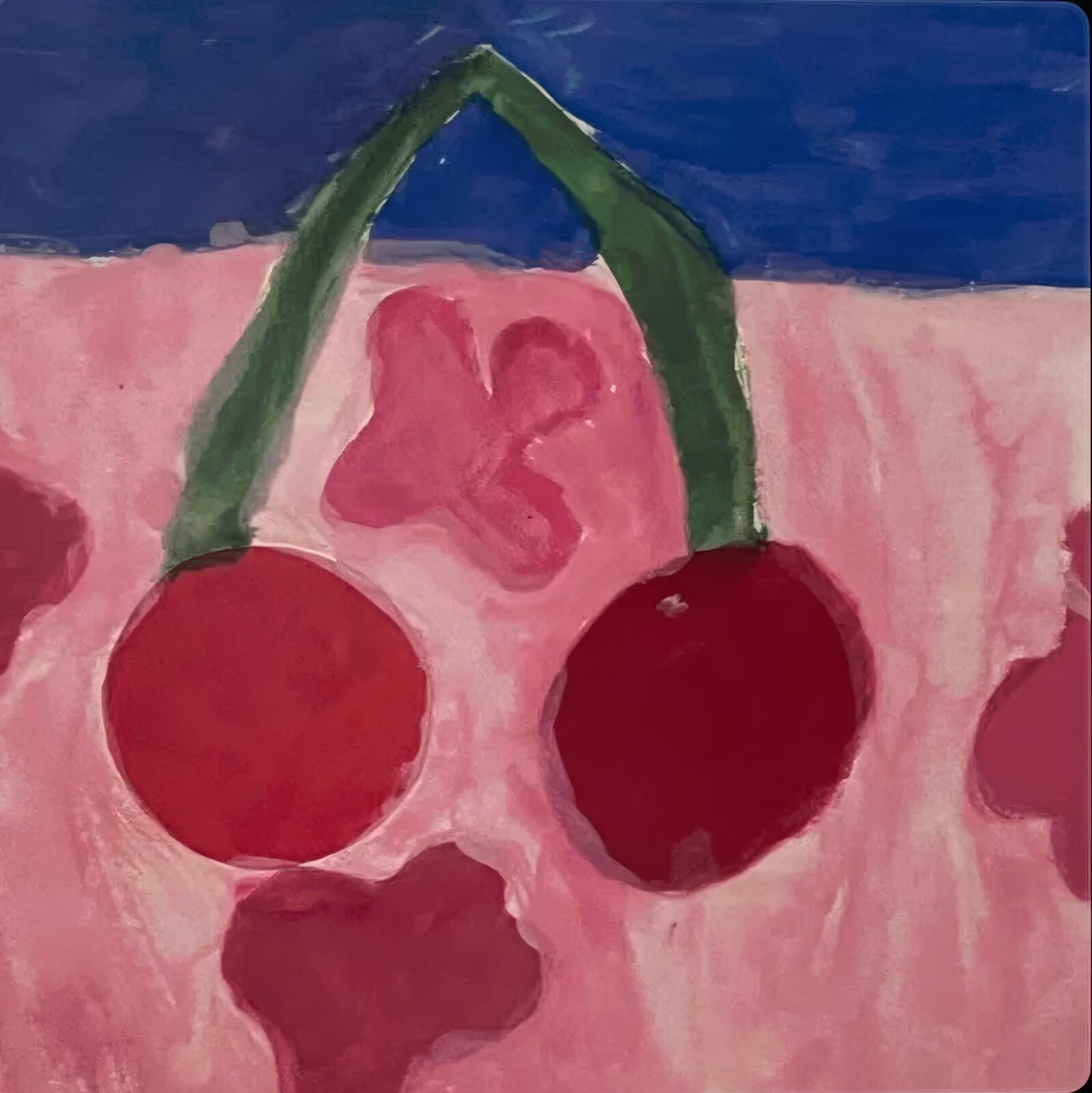 Painting of two cherries on pink under a blue sky