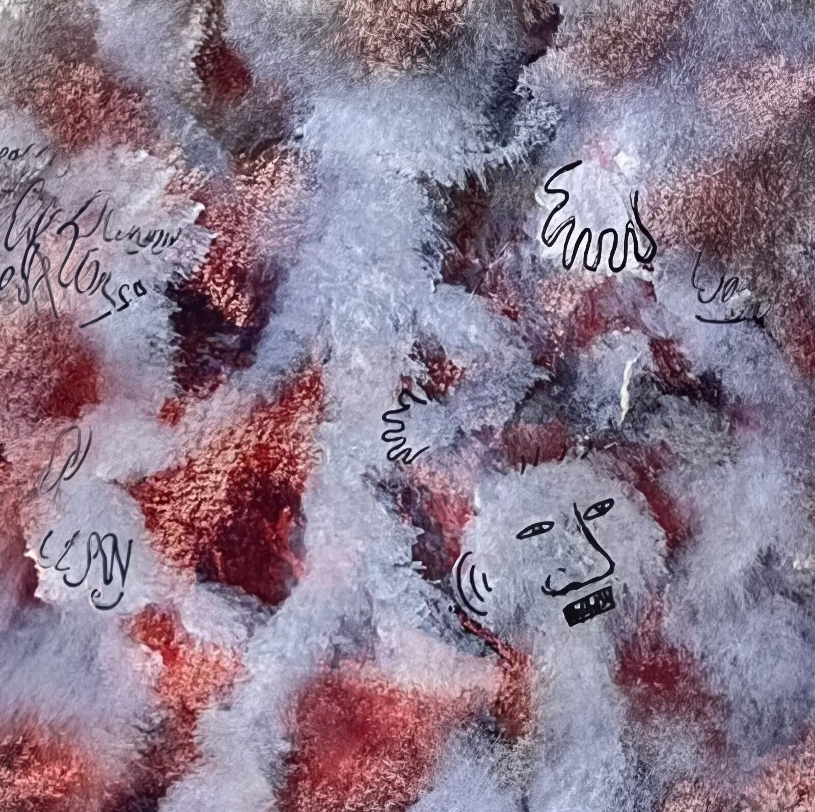 Red and white textured painting with small drawn faces